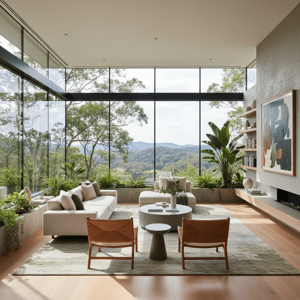 Warm lounge room with stone fireplace, glass sliding doors opening to a deck with hinterland valley views, soft neutral furnishings and timber floors