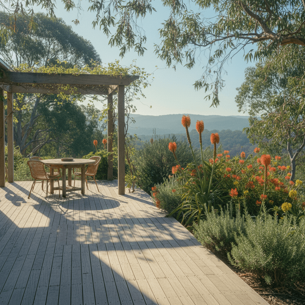 Timber deck with native garden and Hinterland views