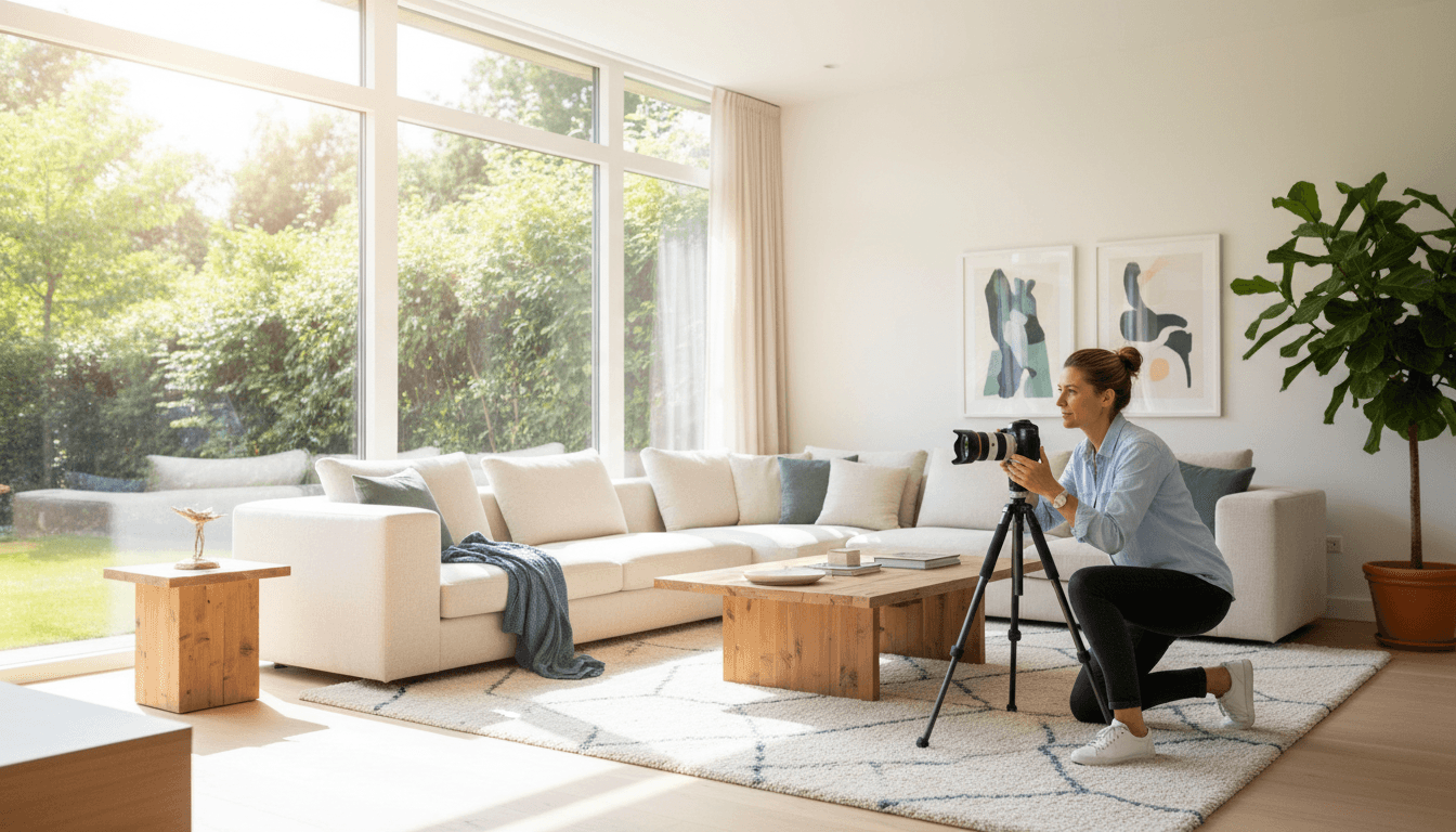 Real estate agent photographing a bright living room with professional camera in natural daylight