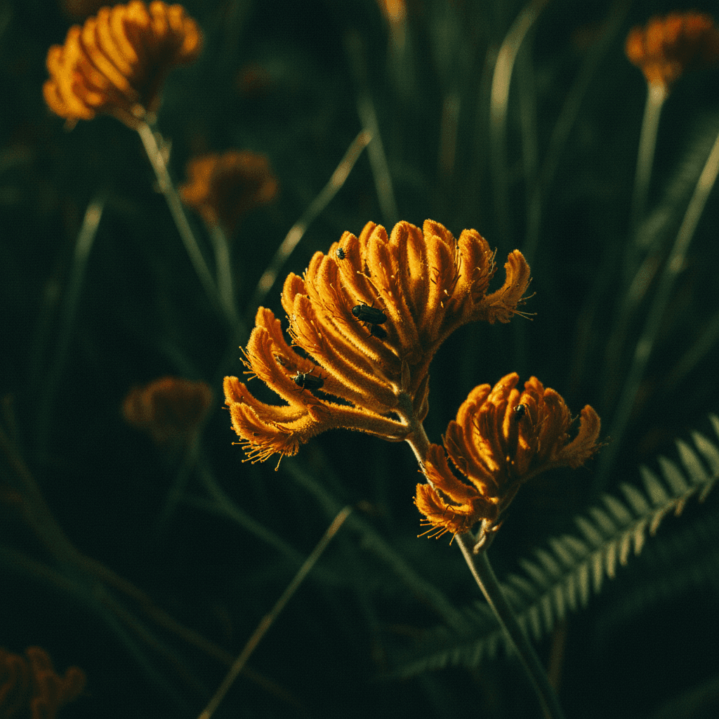 Close-up of kangaroo paw flowers backlit in a native garden