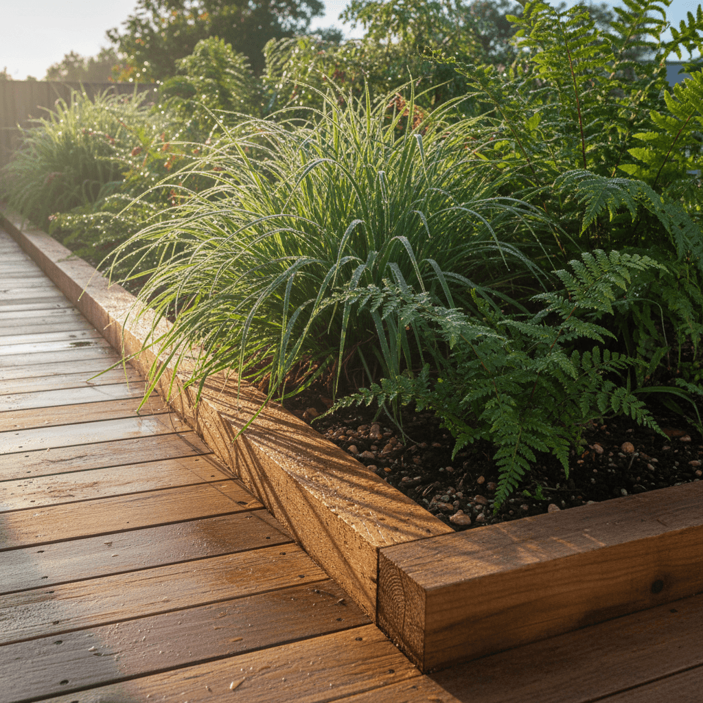 Timber deck edge merging with a native garden planting bed