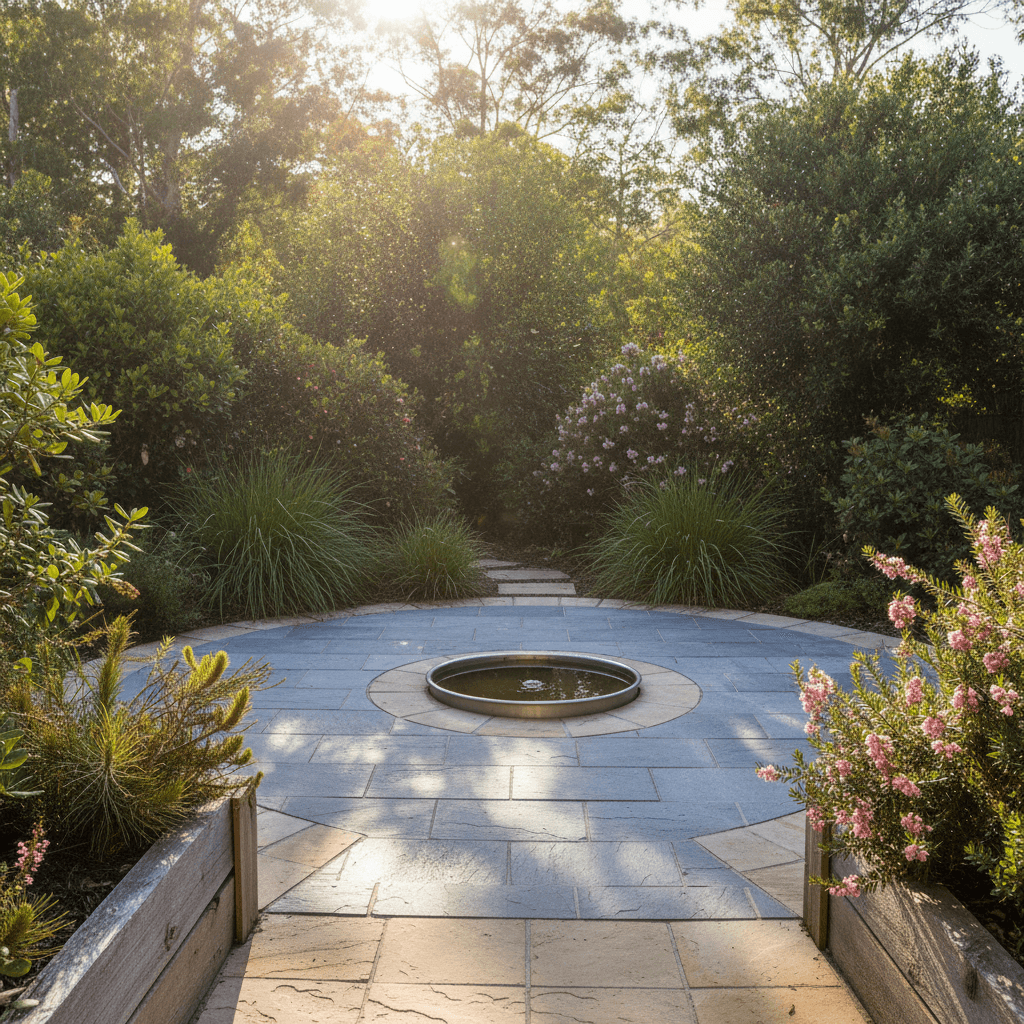 Private patio garden with native shrubs and bluestone pavers