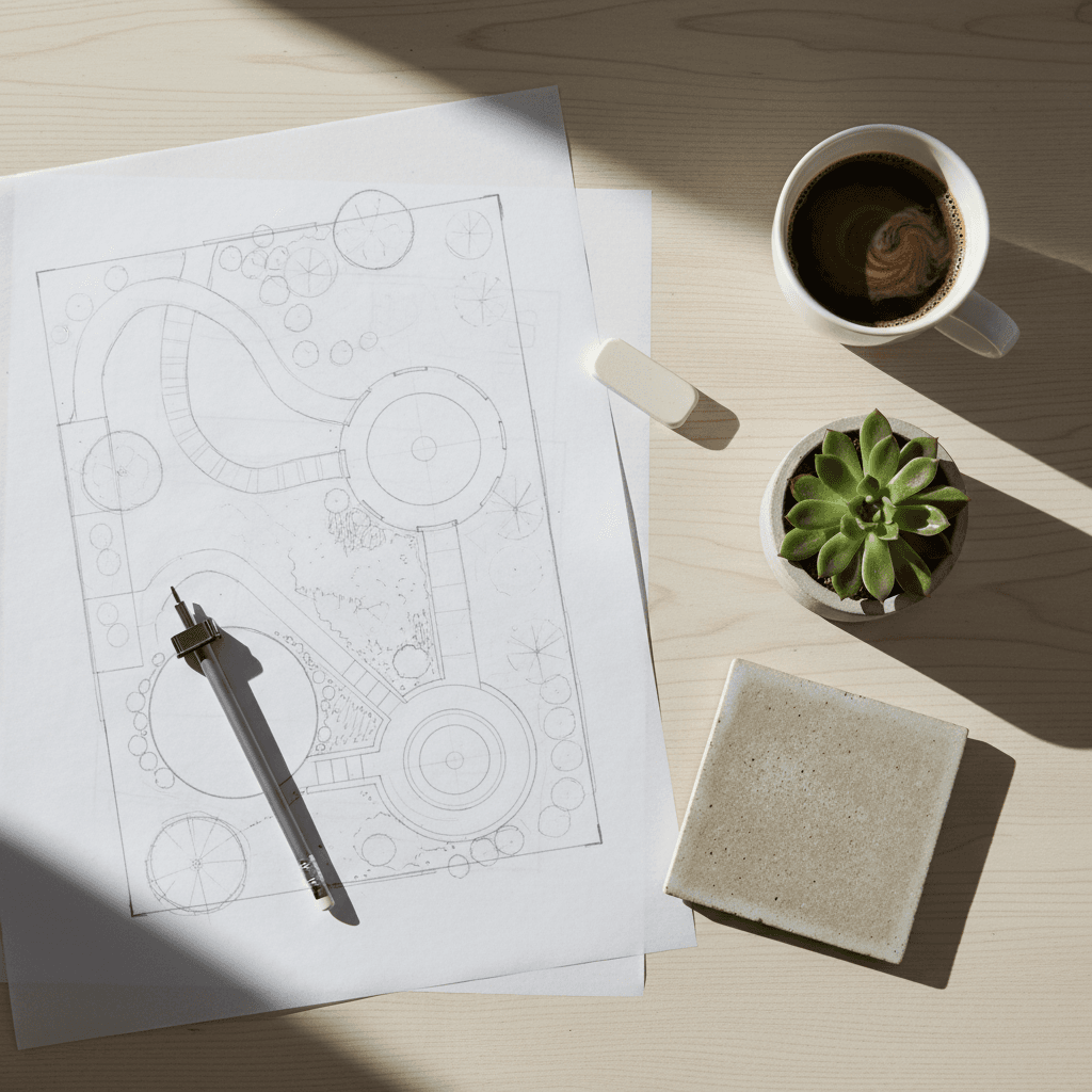 Flat lay of landscape design sketches and tiles on a wooden desk
