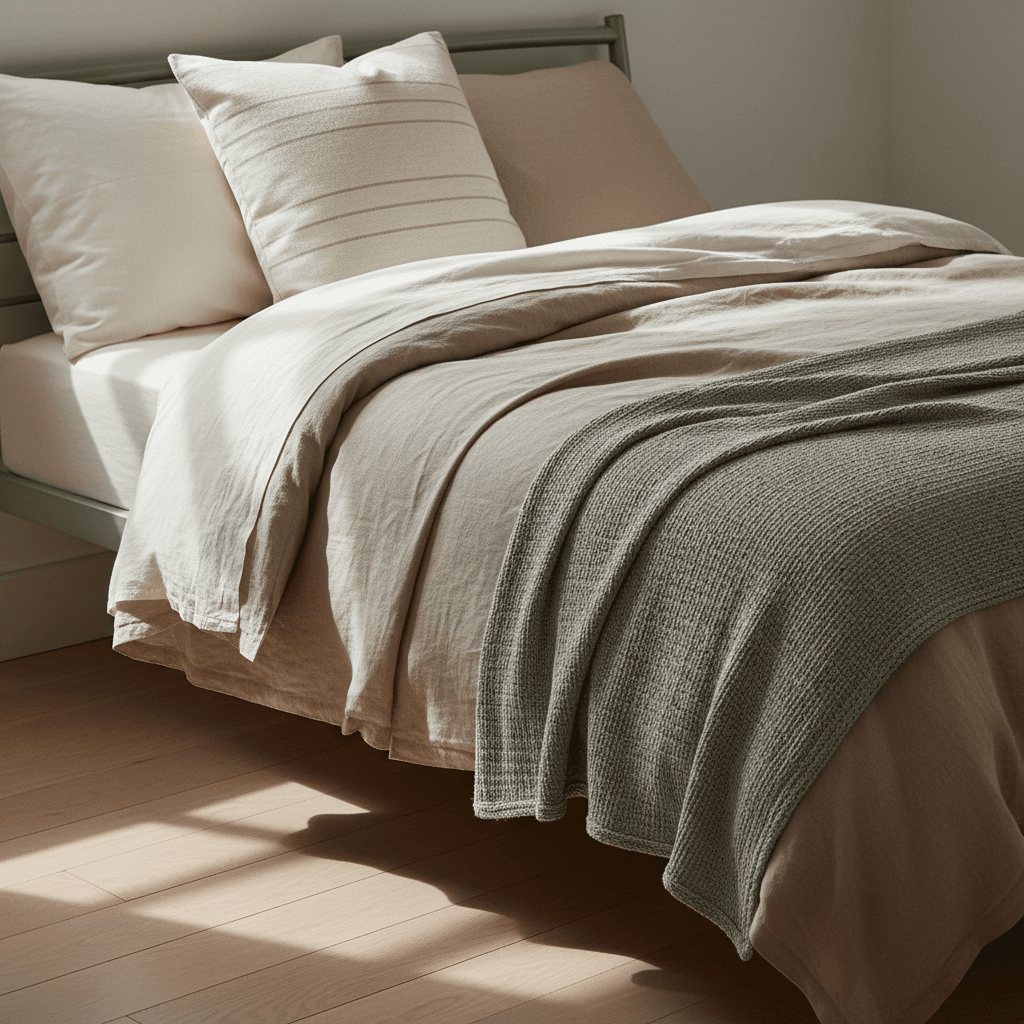 Layered bedding in soft neutrals with morning light