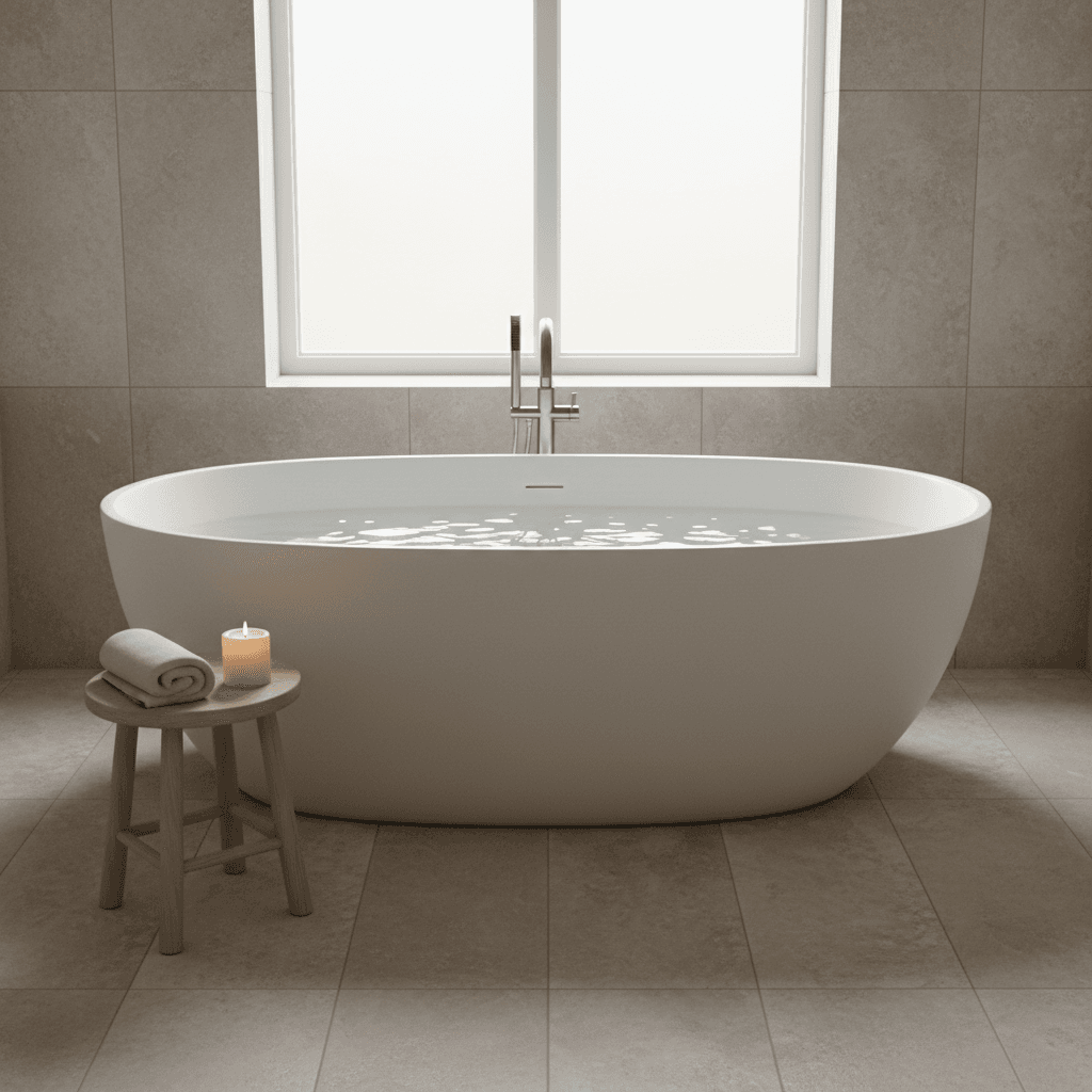 Serene bathroom with freestanding bathtub and natural light