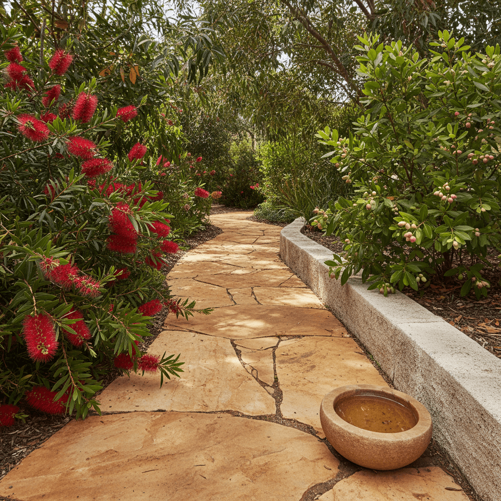 Sandstone garden path curving through native understory