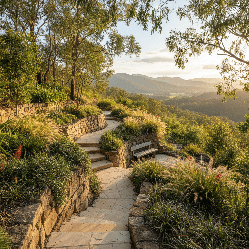 Tiered stone garden terrace with native plants overlooking a Gold Coast valley