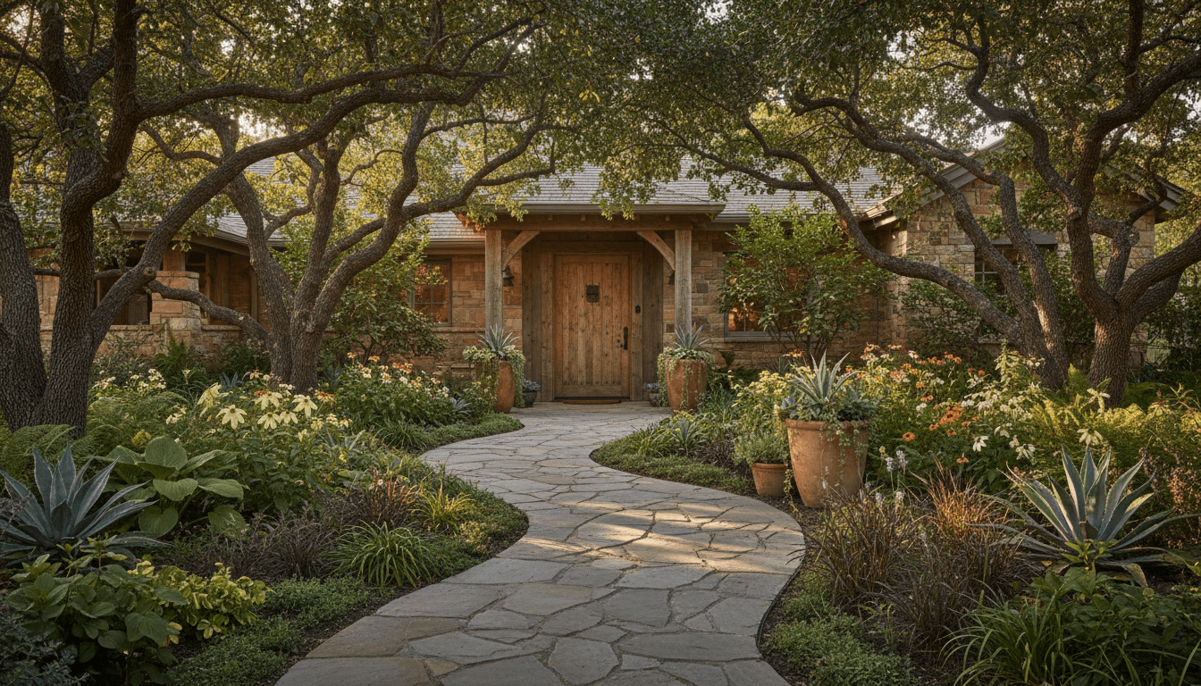 Mature garden with layered native plants and stone path leading to a home entrance