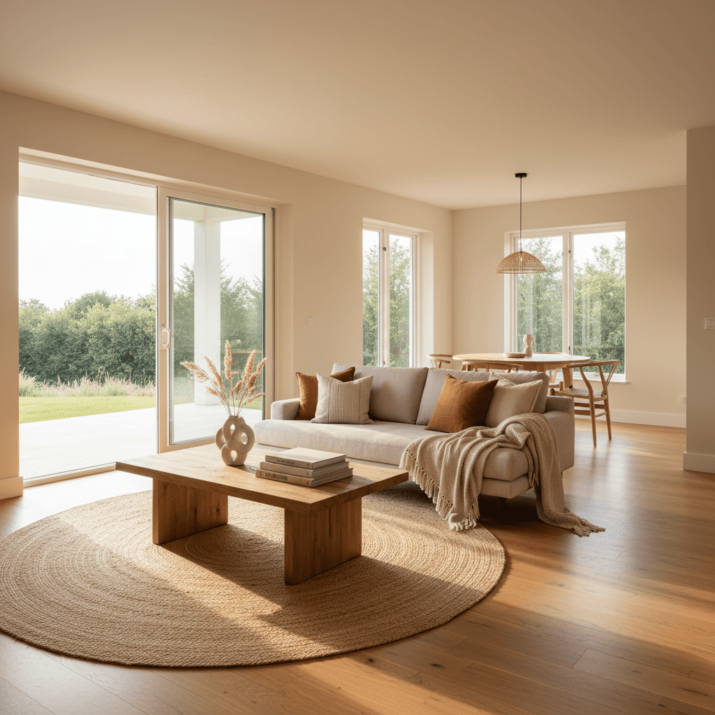 Open living and dining area with warm natural light and fireplace, Gold Coast Hinterland