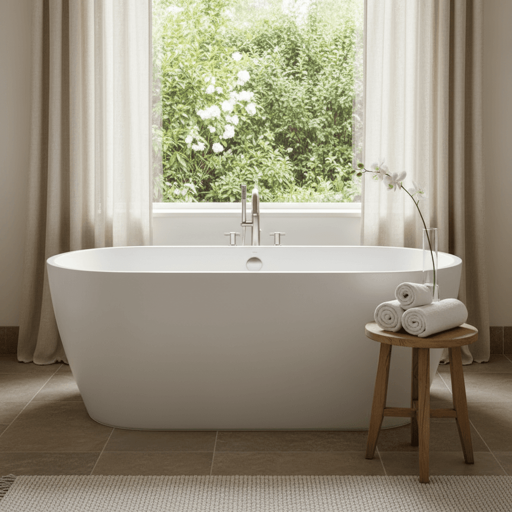 Freestanding bathtub under window with garden view, linen curtains, and towels