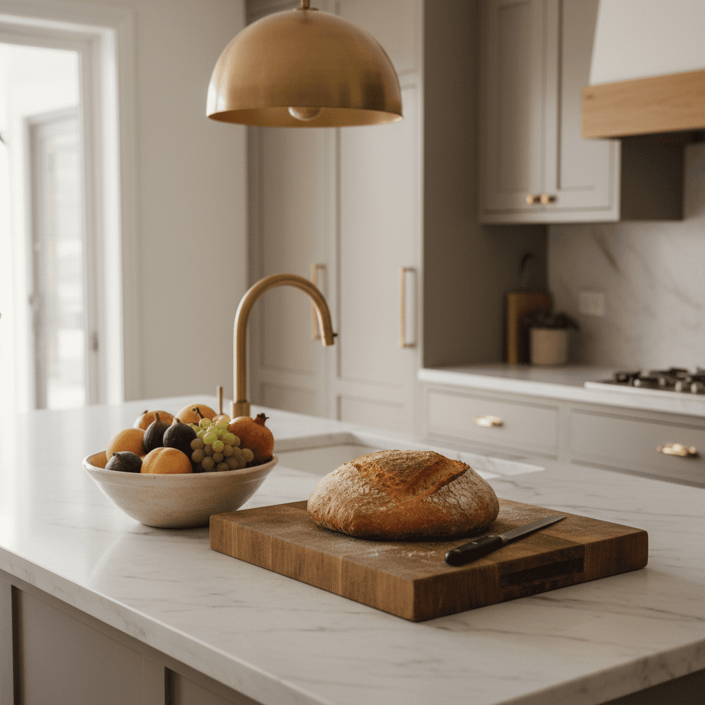 Kitchen island with marble benchtop, sourdough bread, and brass tap