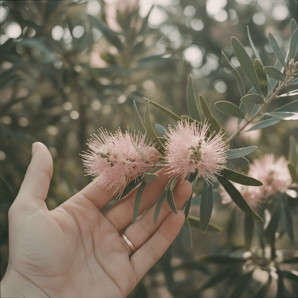 Close-up of pink Grevillea flowers held in hand against soft green background