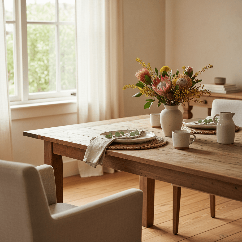 Styled dining table with native flowers and natural light