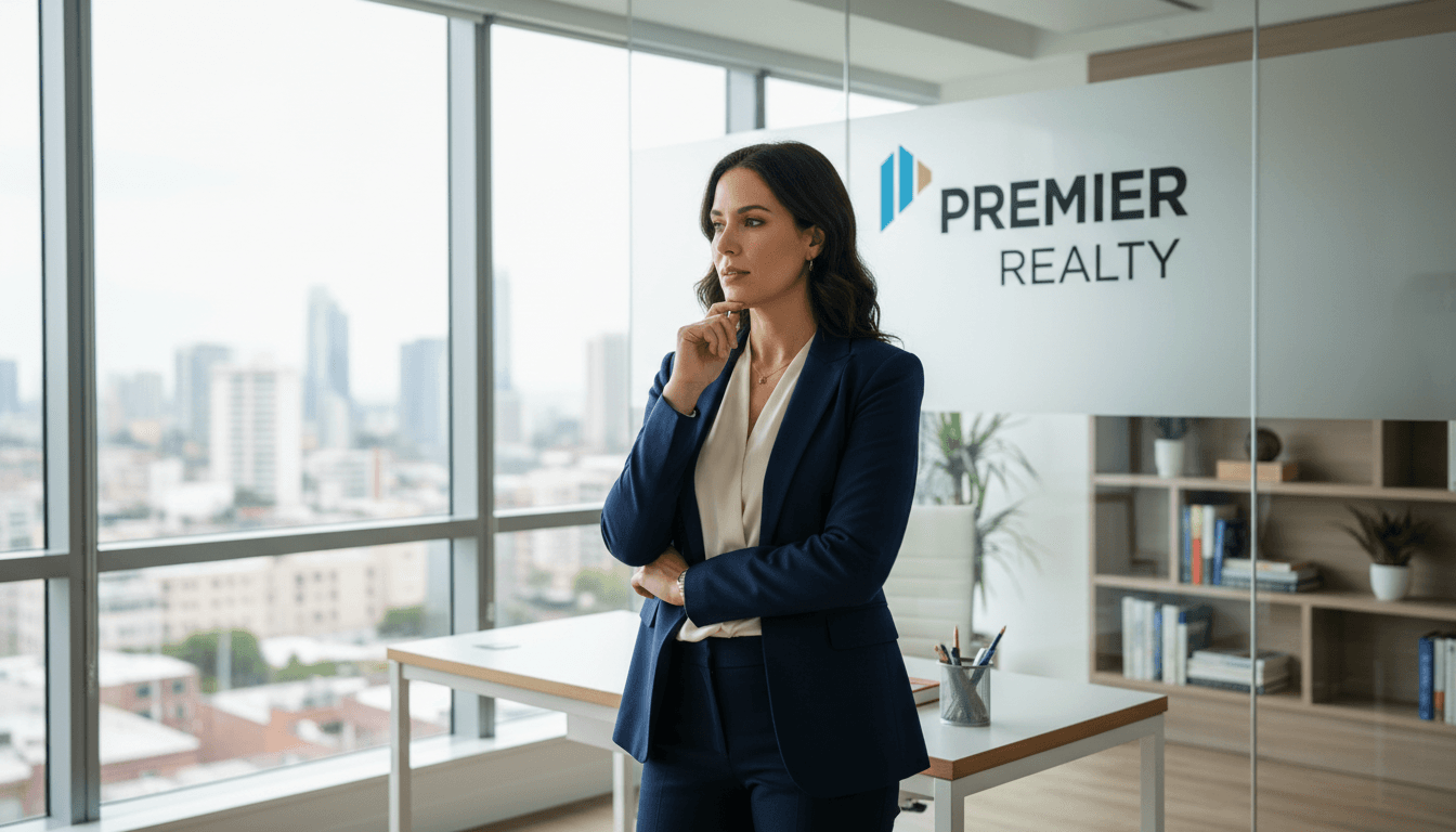 Female real estate agent with design background stands in modern office space