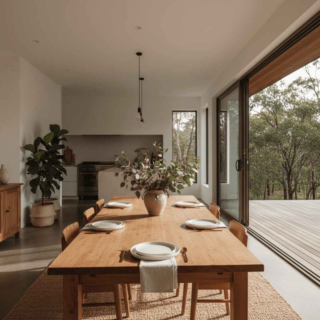 Timber dining table with eucalyptus centrepiece and bush views through glass doors