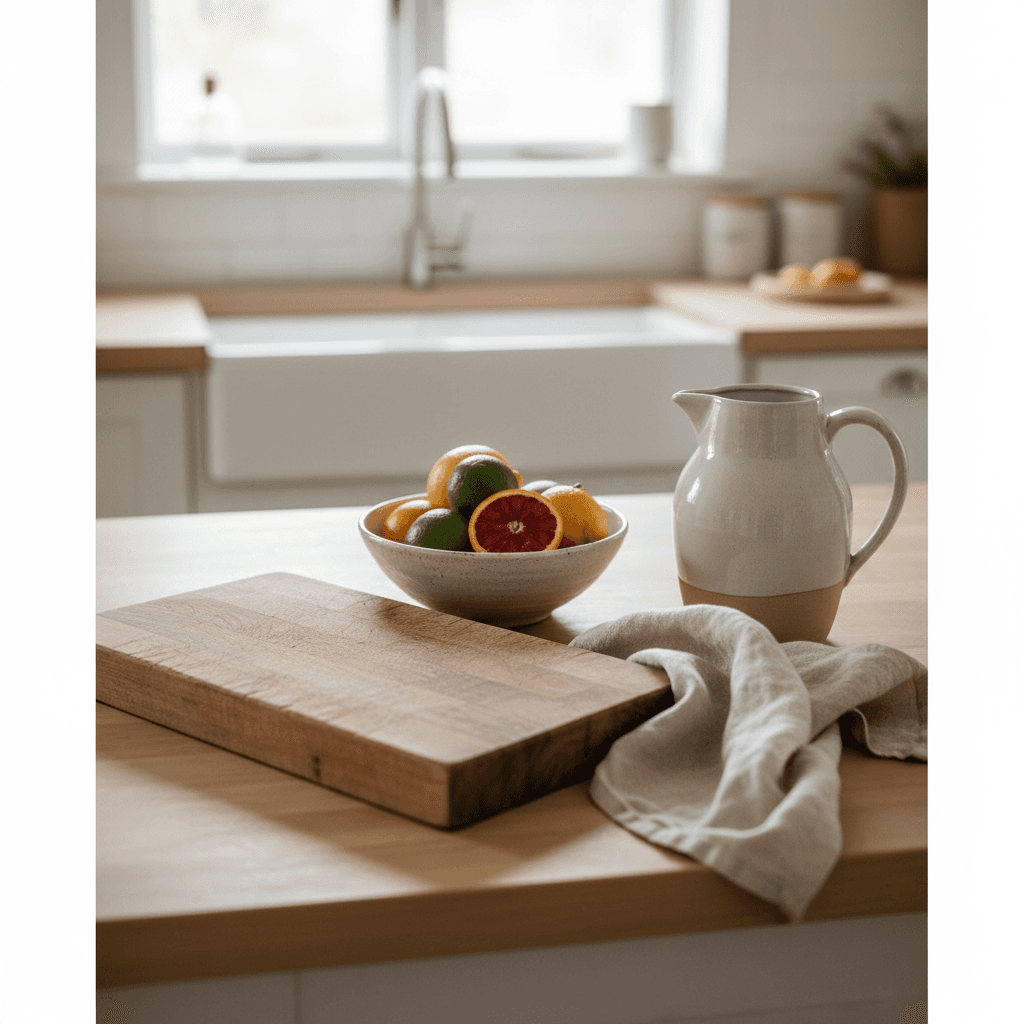 Kitchen island with fruit bowl and natural materials