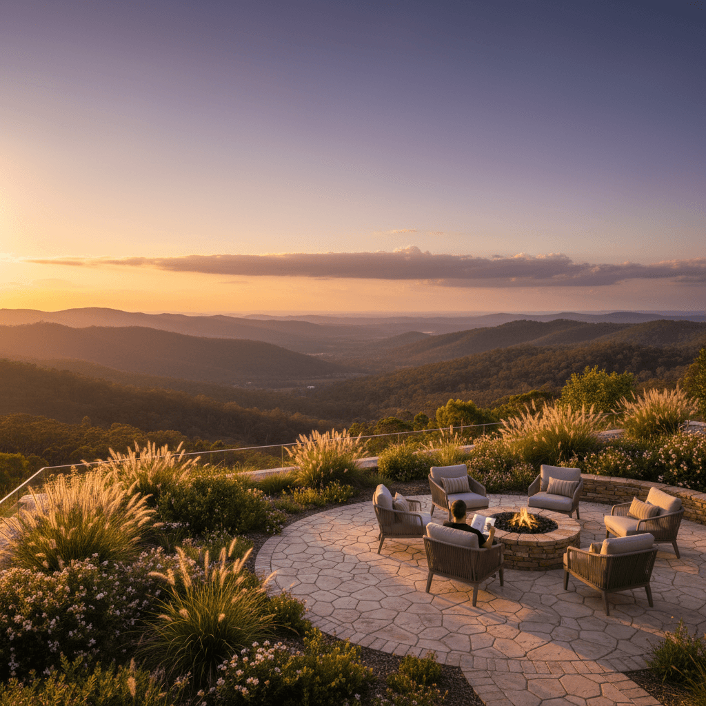 Elevated garden terrace with fire pit seating overlooking Gold Coast at sunset