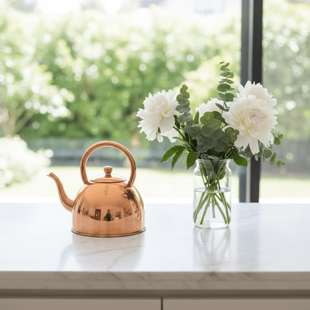 Styled kitchen counter with flowers and copper kettle, clean and spacious for open home