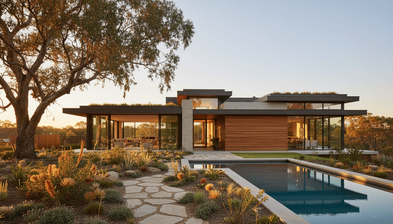 Modern Australian house exterior with landscaped garden in warm golden light