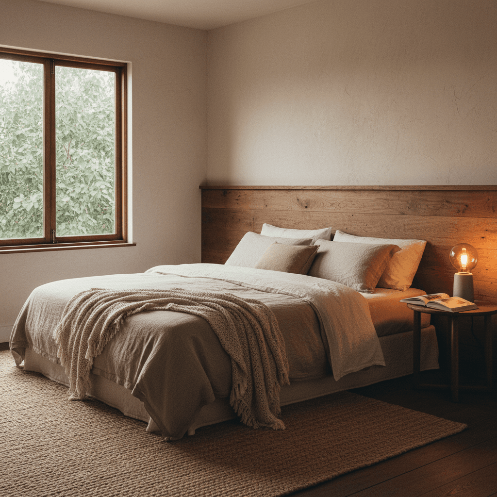Styled master bedroom with linen and warm lamp, Gold Coast property staging
